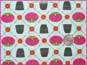 ROBERT KAUFMAN SEWING THEME PIN CUSHIONS THIMBLES BUTTON FABRIC FQ 18"X22" BLUE - Picture 1 of 1