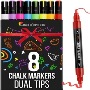 Zenacolor Liquid Chalk Markers Dual Tips - 8 Colors for Dry Erase Boards / Glass - Picture 1 of 6