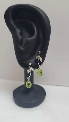 Genuine Peridot  Gemstone & Dia 14kt White  Gold Dangling Earrings VALUED $399!! - Image 1 of 2