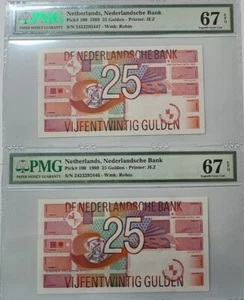1989 Netherlands 25 Gulden PMG67 EPQ Consecutive 2 Notes SUPERB GEM UNC【P-100】 - Picture 1 of 4