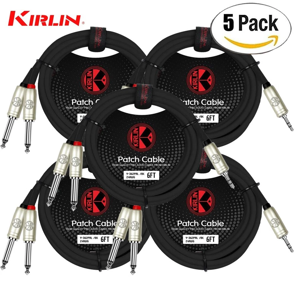 PACK de 5 cables Kirlin 6 pies 3,5 mm TRS a doble 1/4" mono sin ruido Y-362 PRL-06/BK Foto 1 de 1