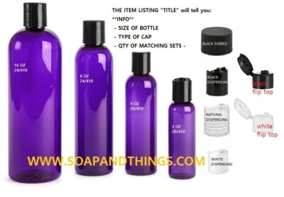 4 oz PURPLE Bullet Plastic Bottle -PET- 12 bottles & BLACK RIBBED Lids free ship - Image 1 of 3