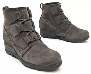Sorel Evie Lace Wedge Bootie Boots, Women 6.5, Gray Suede Leather Ankle EUC - Picture 1 of 15