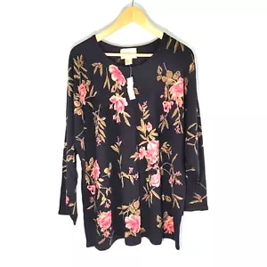 CAPISTRANO Women Top Sz 22/24 Black Floral Crewneck Long Sleeve Jersey Knit - Picture 1 of 11