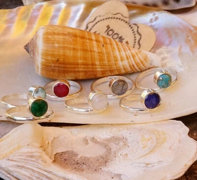 Schlicht Ring 50 52 54 56 58 60 925er Silber Larimar Türkis Smaragd Rubin Saphir - Bild 1 von 3