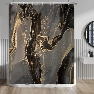 Gray Black Marble Shower Curtain Gold Line Cracks Drape Modern Abstract Luxury T - Picture 1 of 12