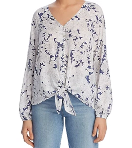 Women Cupio Tie Front Floral Print Top Long Sleeve White/Navy XL B4HP - Picture 1 of 3