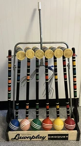 VINTAGE SOUTH BEND LAWNPLAY Croquet 6 Player Set on Wheeled Rolling Cart - Picture 1 of 12