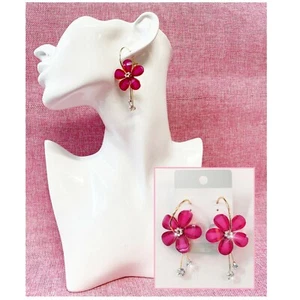 Pendientes Círculo con Flores Rosa Oscuro Colgante Cristales de Mujer Base Oro - Imagen 1 de 2