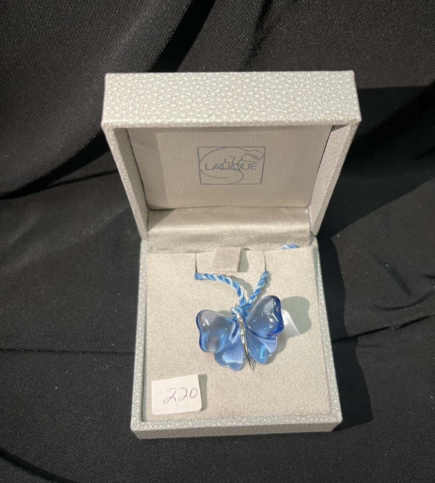 Lalique Crystal Blue Butterfly Pendant with Blue Rope Necklace 34". New in Box - Image 1 of 1