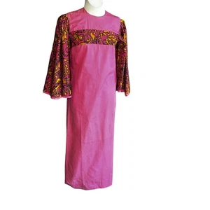 Baba Kea Honolulu Vintage 60s Hawaiian Pink Psychedelic Bell Sleeve Maxi Dress - Picture 1 of 10