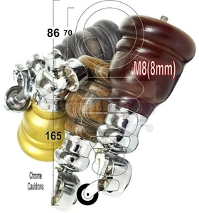 4x WOOD FURNITURE LEGS M8 REPLACEMENT CHROME CAULDRON CASTOR FEET 165mm HIGH - Picture 1 of 55