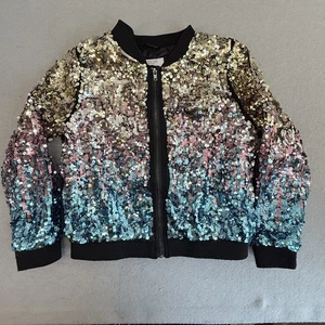 H&M Kids Sequin Bomber Jacket Ombre Gold Blue Mermaid Flip Sequin 5-6Y 116 - Picture 1 of 13