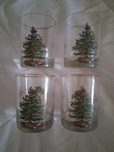 Spode Christmas Tree Double Old Fashioned Gold Rimmed Glasses Set of 4 - Picture 1 of 6