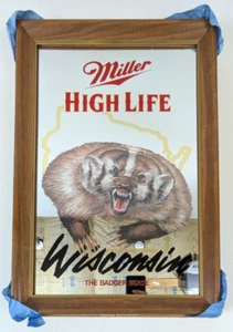 Vintage Miller High Life Bar Mirror Beer Sign Wisconsin The Badger State 1994 - Picture 1 of 9