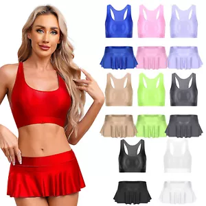 Women Nightwear Party Set Glossy Outfits Yoga Skirt Tank Tops Clubwear Pool - Picture 1 of 117