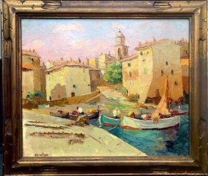 TABLEAU HUILE SUR CARTON EMILE OSIETZKI ( 1880-1954) - SAINT TROPEZ - LA PONCHE - Imagen 1 de 4