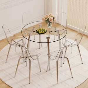 Table and chair set.39.7-inch diameter circular dining table: transparent glass - Picture 1 of 11