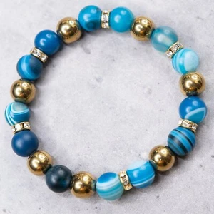 Matte Aqua Blue Lace Agate, Gold Hematite 6.5" - Picture 1 of 5