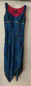 Vtg Y2k Silk Tank Dress Handkerchief Hem Fairy Blue Paisley Boho Floral ABS 2 Sm - Picture 1 of 6