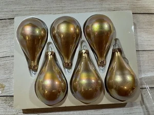 Vintage 6 Wildwood Gold Iridescent Teardrop Glass Christmas Ornaments Tub4 - Picture 1 of 3