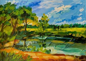 Original signiertes Ölgemälde Impressionist Landschaft "Springtime Creek Pond" - Bild 1 von 3