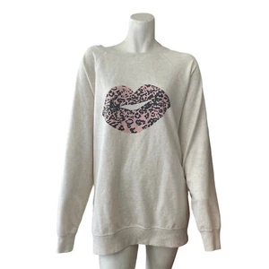 Wildfox Sweatshirt Oatmeal Off White Leopard Kissing Lips Stretch Womens Medium - Picture 1 of 8