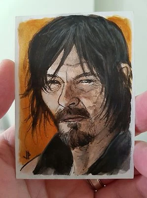 WALKING DEAD DARYL (NORMAN REEDUS) SKETCH CARD BY JASON POTRATZ & JACK HAI PSC  - Image 1 of 2
