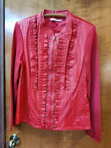 Peter Nygard Studded Red Pleated Leather & Stretch Knit Moto Jacket Size L - Picture 1 of 11