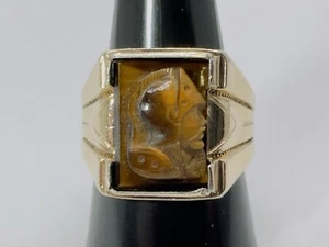 925 Sterling & 10K Vintage Men's Signet Ring W/2 Carved Roman Soldier Tiger Eye - Picture 1 of 22
