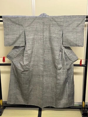Kimono vintage japonais pure soie gris tumugi tradition cher hauteur 61,8 pouces - Photo 1/4
