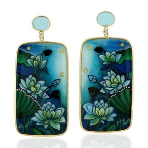 Pendientes colgantes florales de madreperla pintados a mano de oro amarillo de 18 k 57,74 quilates - Imagen 1 de 5