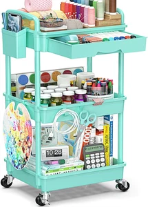 3-Tier Rolling Cart & Drawer Blue & Lockable Wheels, Plastic Storage Organizer - Picture 1 of 12