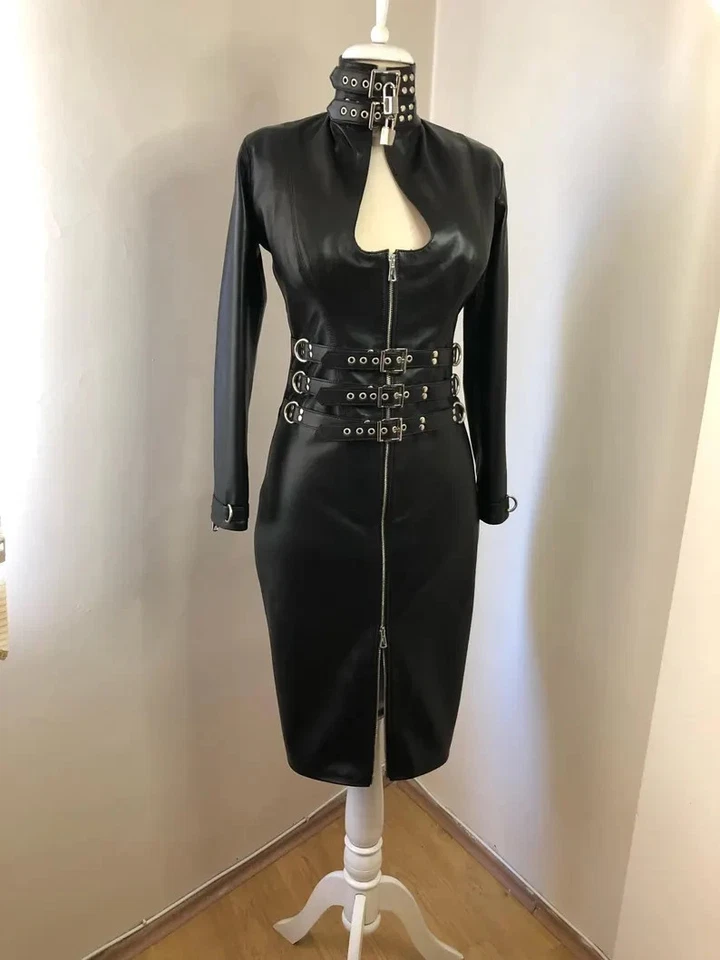 Vestido gótico negro de cuero genuino ceñido al cuerpo para mujer con hebilla cremallera punk ropa de club nocturno Foto 1 de 4