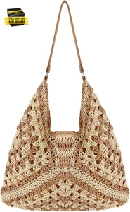 Straw Beach Bag for Women Handmade Woven Beach Bag Summer Shoulder Handbags for - Picture 1 of 6