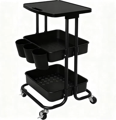 3 Tier Rolling Cart with Table Top, Black Metal Utility Storage Organizer Carts  - Image 1 of 4