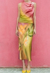 FALDA MIDI ZARA MUJER EFECTO SATINADO ESTAMPADO - Multicolor TALLA M | 8504/158 - Imagen 1 de 3
