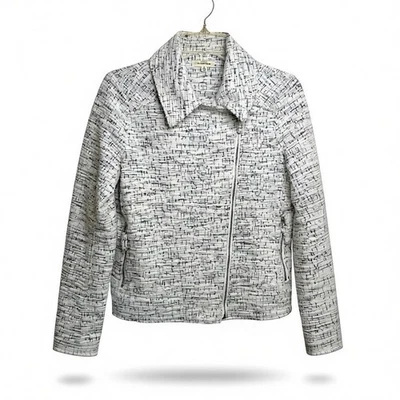 Max Studio Textured Knit Moto Jacket Zipper Black White Spread Collar Small Chic - Image 1 of 4