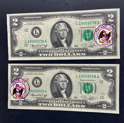 1976 $2 dollar bill stamped  Auburn California April 13, 1976 Lot 2 - Image 1 of 4