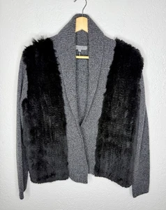 Quinn Cashmere Rabbit Fur Open Front Cardigan Sweater Women's M Black Gray Soft - Picture 1 of 13