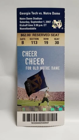 Notre Dame Fighting Irish v Georgia Tech 2007 Football Ticket Stub Jimmy Clausen Cover