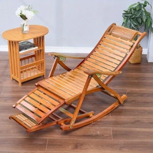 Bamboo Rocking Recliner Chair Foldable Sun Lounger Armchair Garden Deck Seat - Picture 1 of 12