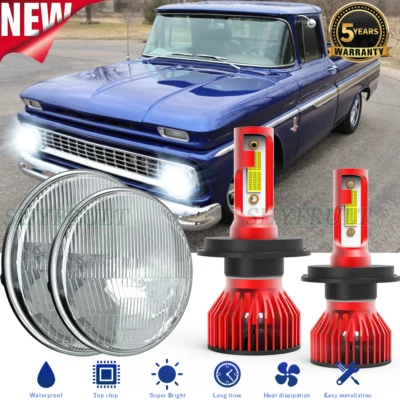 Pair 7" Round LED Headlights Hi/Lo Beam Fit Chevrolet C10 Pickup 62 63 67-1974 - Image 1 of 4