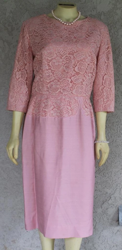 VESTIDO DE ENCAJE ROSA VINTAGE AÑOS 50 Fiesta Baile de graduación Boda VESTIDO MADRE DE LA NOVIA HENRY LEE Foto 1 de 1