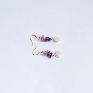 Baroque Pearl Earrings Rainbow Fluorite Stone Chips Beads Gold Plated Ear Wire - Picture 1 of 7