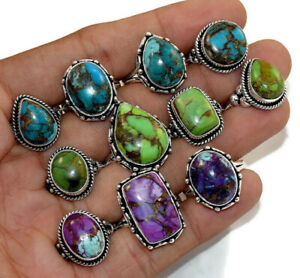 50 PCs. Natural Multi Copper TURQUOISE Gemstone 925 Silver Plated Rings Lot
