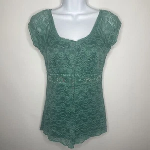 Vintage 90s Agenda Sequined Mermaid Green Floral Mesh Lace Blouse Top Size L - Picture 1 of 8