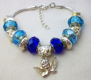 VTG Bracelet Blue Glass Beads Silver Tone Metal Angel Owl Clover Leaf Charms - Picture 1 of 4