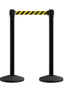 2- Pack Crowd Control Barrier Post Black /Yellow Queue Pole Retractable Belt - Picture 1 of 3