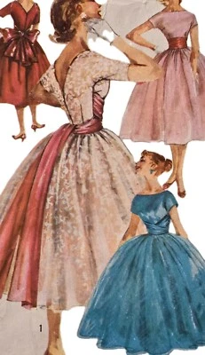 1950s Full Skirt Basque V Back Formal Dress Sewing Pattern Simplicity 1795 - Image 1 of 3